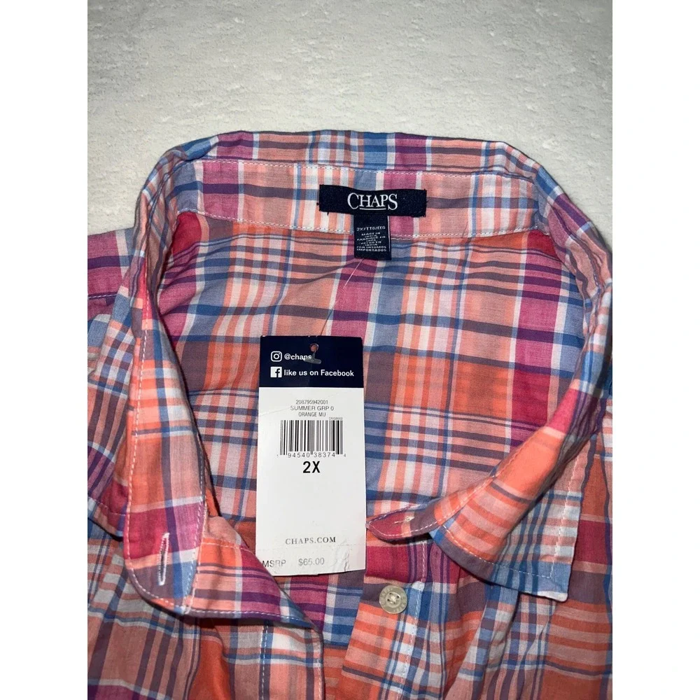 Chaps Plaid Button Up Shirt Women Plus Size 2X Orange Pink Blue‎ Casual